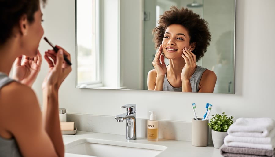People in a sunny cafe applying makeup with concealer during everyday preparation