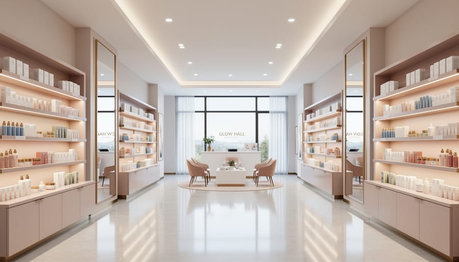 Wide view inside a bright luxury beauty hall with illuminated display counters and glowing lighting