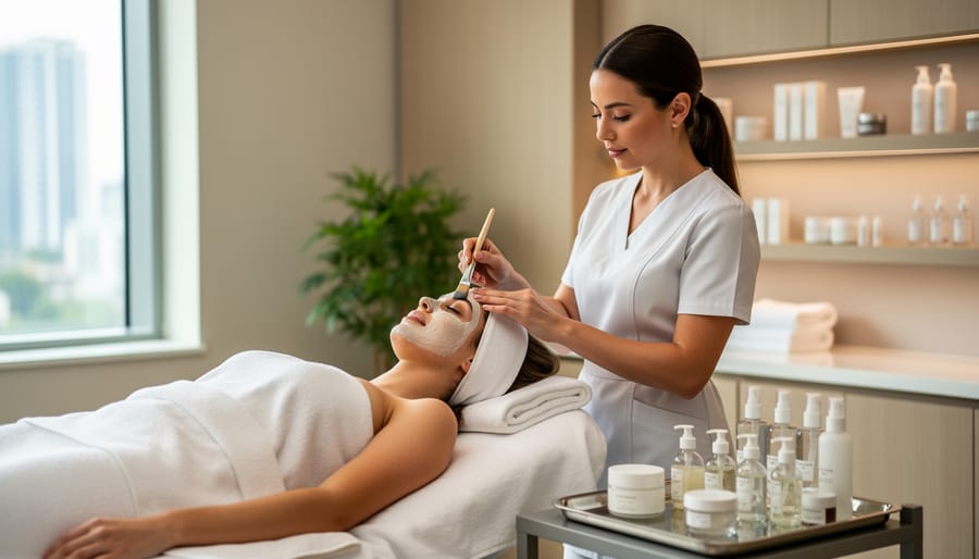 Beauty specialist applying skincare to a client at a treatment station in a luxury beauty hall