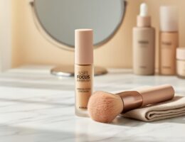 Close-up of an HNB-style concealer tube and makeup brush on a marble vanity surface with soft neutral tones and diffused daylight.