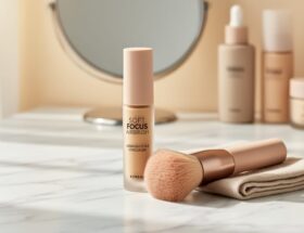 Close-up of an HNB-style concealer tube and makeup brush on a marble vanity surface with soft neutral tones and diffused daylight.