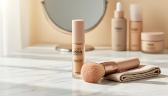 Close-up of an HNB-style concealer tube and makeup brush on a marble vanity surface with soft neutral tones and diffused daylight.