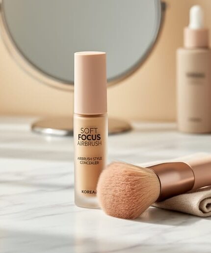 Close-up of an HNB-style concealer tube and makeup brush on a marble vanity surface with soft neutral tones and diffused daylight.