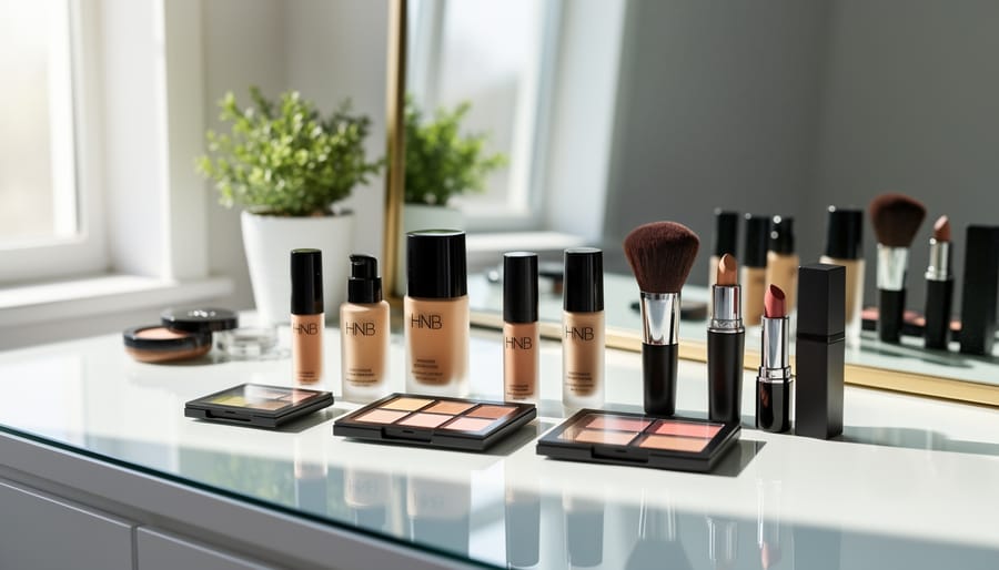 Vanity scene with a concealer tube, makeup brush, and neutral cloth on a marble surface in soft light