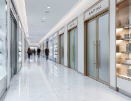 Wide view of a luxury beauty hall inside Holt Renfrew featuring modern shop-in-shop displays and treatment-room entrances with elegant lighting and upscale design details.