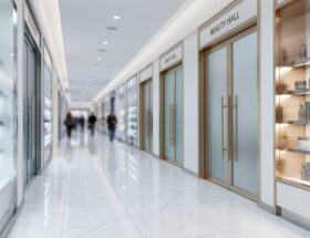 Wide view of a luxury beauty hall inside Holt Renfrew featuring modern shop-in-shop displays and treatment-room entrances with elegant lighting and upscale design details.