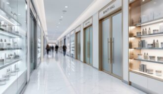Wide view of a luxury beauty hall inside Holt Renfrew featuring modern shop-in-shop displays and treatment-room entrances with elegant lighting and upscale design details.