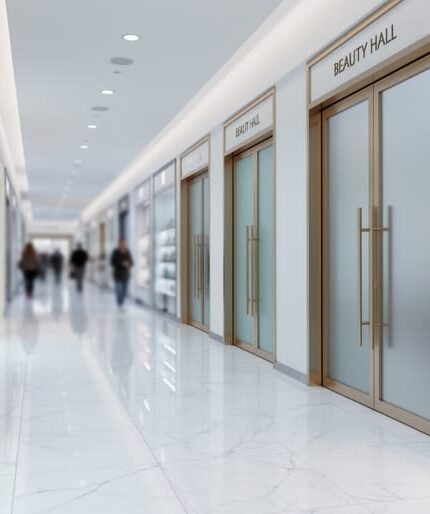 Wide view of a luxury beauty hall inside Holt Renfrew featuring modern shop-in-shop displays and treatment-room entrances with elegant lighting and upscale design details.