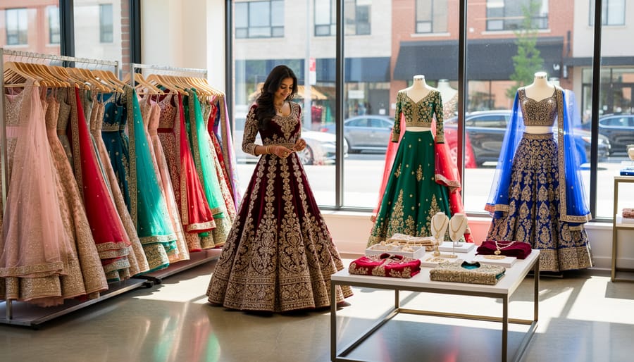 Two women trying on an embellished lehenga and dupatta inside a South Asian clothing boutique