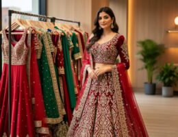 Model wearing an embroidered South Asian lehenga in a Vaughan boutique with neatly arranged clothing racks in the softly lit background.