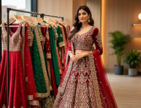 Model wearing an embroidered South Asian lehenga in a Vaughan boutique with neatly arranged clothing racks in the softly lit background.