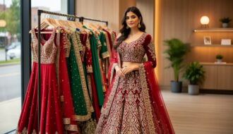 Model wearing an embroidered South Asian lehenga in a Vaughan boutique with neatly arranged clothing racks in the softly lit background.