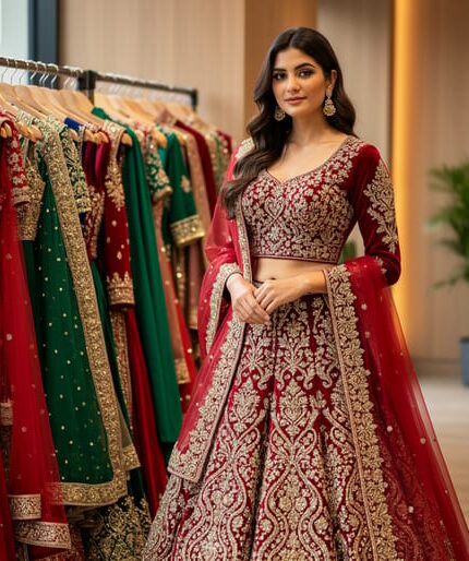 Model wearing an embroidered South Asian lehenga in a Vaughan boutique with neatly arranged clothing racks in the softly lit background.