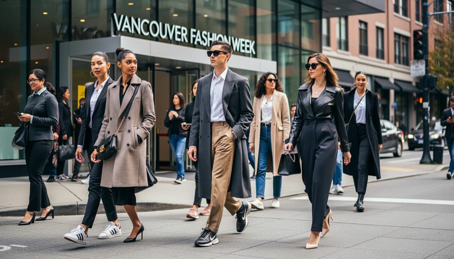 Street-style attendee outside a fashion venue in Vancouver wearing a statement jacket and holding a reusable tote