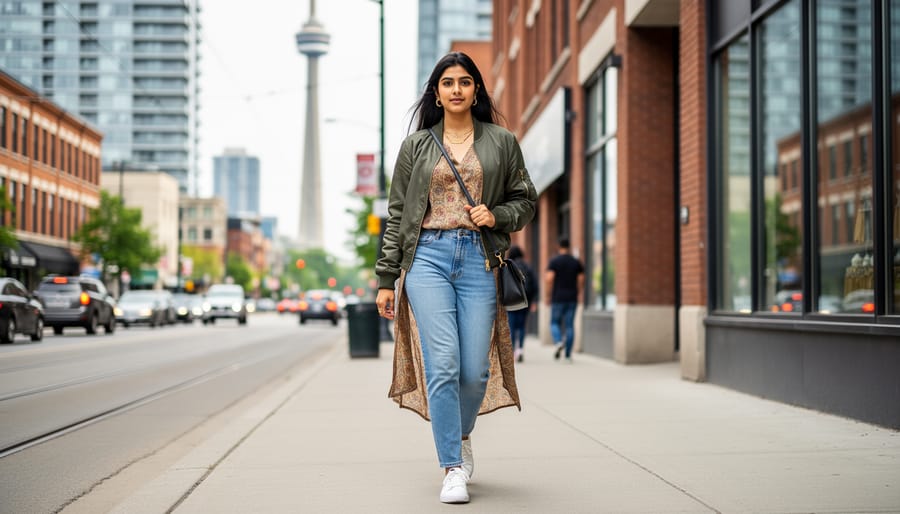 Model wearing a South Asian-inspired outfit on a Toronto sidewalk in street style photography