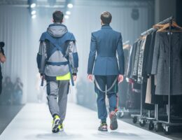 Models in avant-garde outfits walking toward a runway in a Vancouver fashion venue, with a photographer and backstage garment racks in the blurred background.