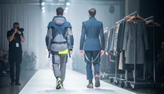 Models in avant-garde outfits walking toward a runway in a Vancouver fashion venue, with a photographer and backstage garment racks in the blurred background.