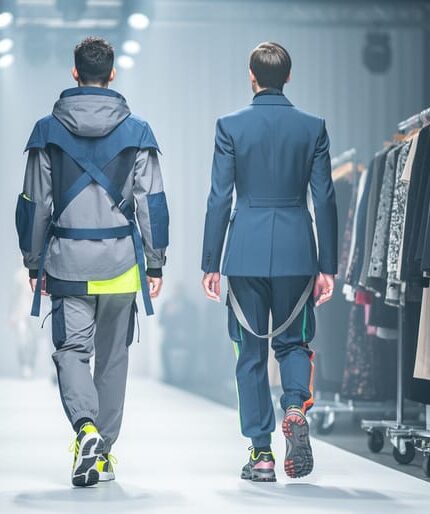 Models in avant-garde outfits walking toward a runway in a Vancouver fashion venue, with a photographer and backstage garment racks in the blurred background.