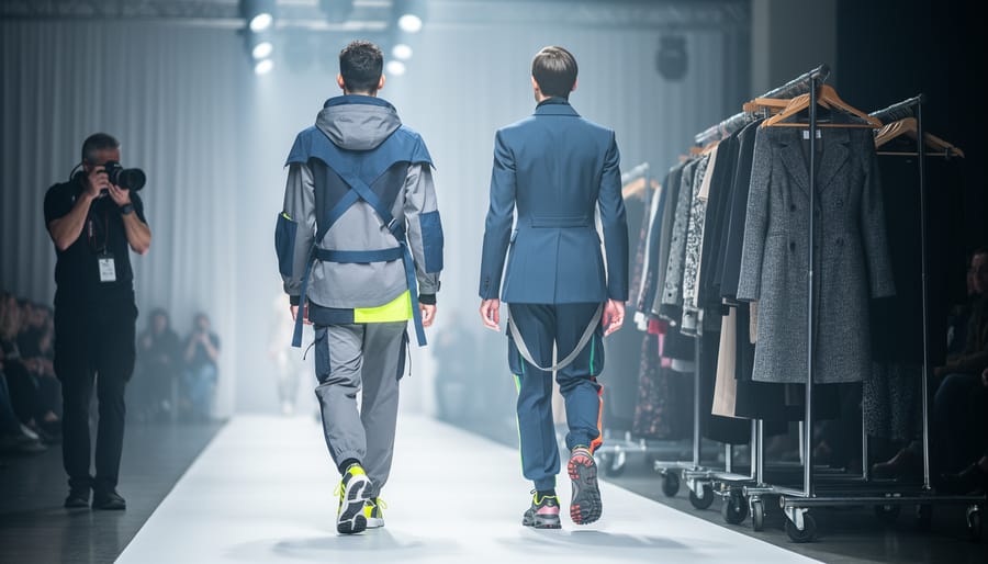 Models in avant-garde outfits walking toward a runway in a Vancouver fashion venue, with a photographer and backstage garment racks in the blurred background.