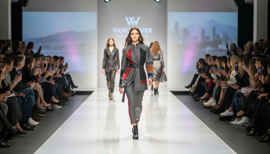 Models walking the runway at Vancouver Fashion Week under soft stage lighting