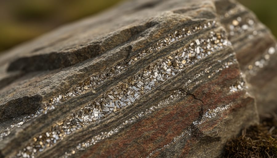 Close-up of metamorphic rock with visible mica flecks reflecting light