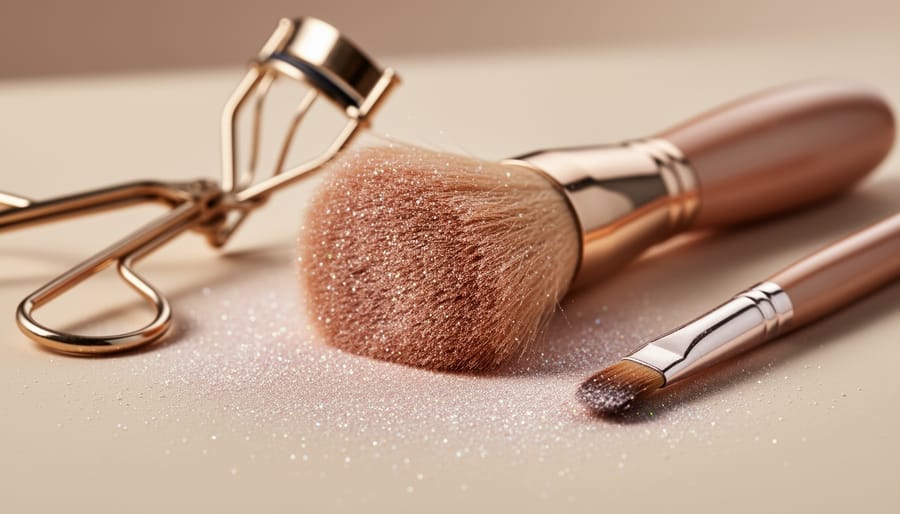 Macro close-up of mica shimmer powder on a cosmetic applicator with sparkling highlights