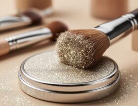Macro close-up of iridescent mica shimmer powder on a makeup brush, showing sparkling highlights and reflective texture.