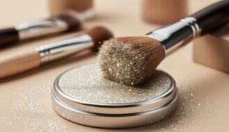 Macro close-up of iridescent mica shimmer powder on a makeup brush, showing sparkling highlights and reflective texture.