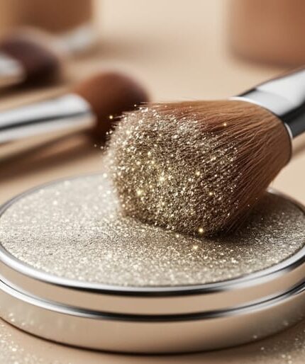 Macro close-up of iridescent mica shimmer powder on a makeup brush, showing sparkling highlights and reflective texture.