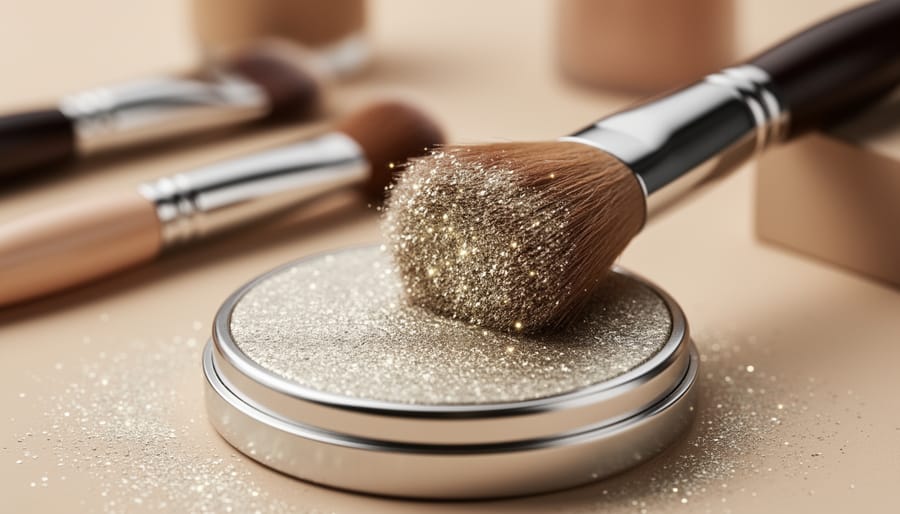 Macro close-up of iridescent mica shimmer powder on a makeup brush, showing sparkling highlights and reflective texture.