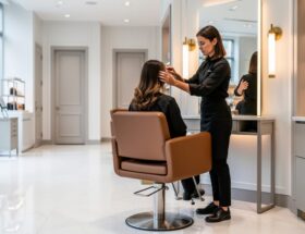 Stylist and client seated for a hair consultation inside Re New at Holt Renfrew’s Beauty Hall, with modern mirrors and softly lit treatment-room doors in view.