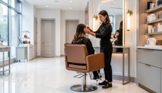 Stylist and client seated for a hair consultation inside Re New at Holt Renfrew’s Beauty Hall, with modern mirrors and softly lit treatment-room doors in view.