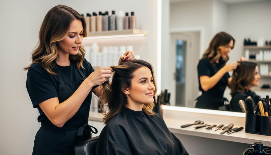 Hair specialist consulting with a client in a re new hair studio chair while sectioning hair.