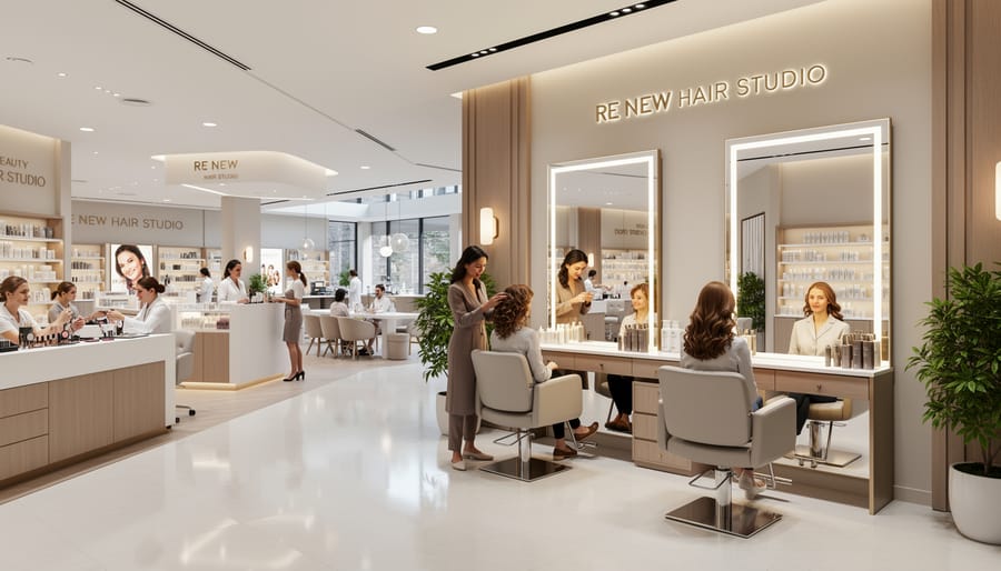 Wide view of re new hair studio integrated into Holt Renfrew’s Beauty Hall with styling stations and treatment room areas.