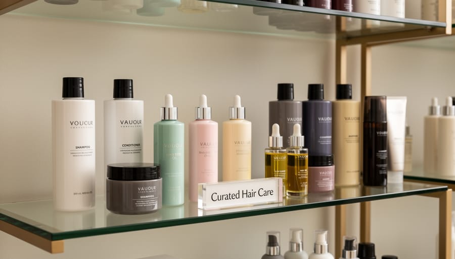 Sleek display of premium hair care products at re new hair studio with a stylist holding an item in hand.