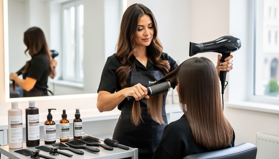 Stylist demonstrating hair care technique with a brush during an attentive client consultation at re new hair studio.