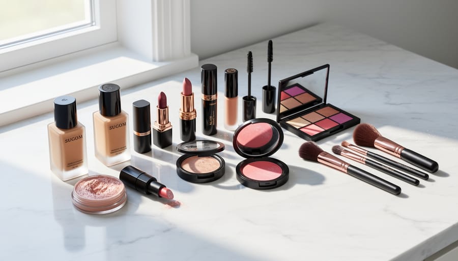 Makeup vanity scene with an open highlighter and eyeshadow palette reflecting soft shimmer
