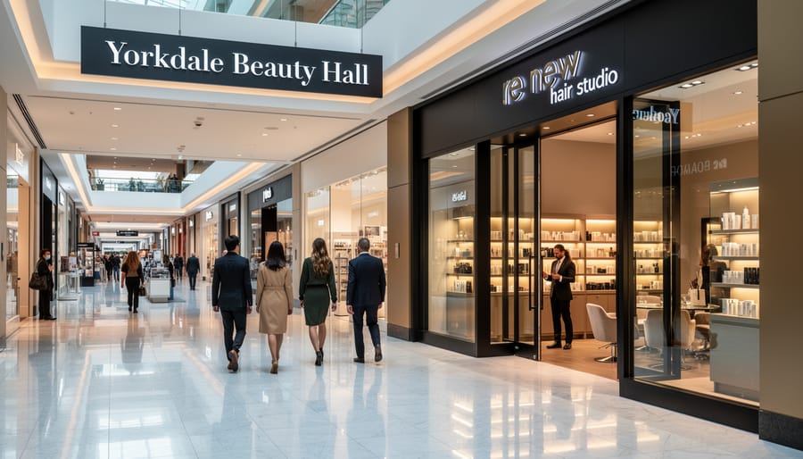 Wide interior view of Holt Renfrew’s Beauty Hall atmosphere leading toward a softly lit salon area.