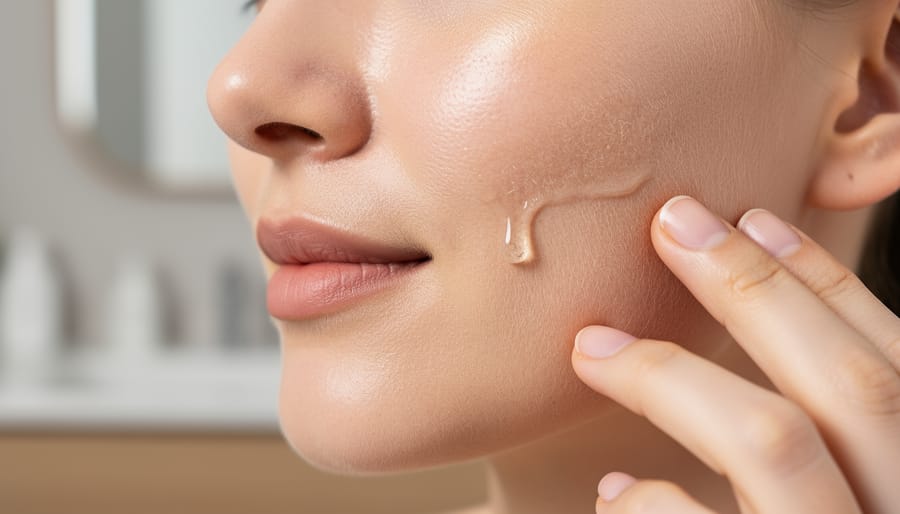 Hand applying creamy skincare to the back of an arm with subtle redness and dryness visible.