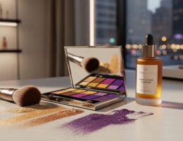 Close-up of bold pigmented eyeshadow palettes and a glow-boosting tanning bottle on a vanity with golden side lighting and blurred boutique background