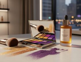 Close-up of bold pigmented eyeshadow palettes and a glow-boosting tanning bottle on a vanity with golden side lighting and blurred boutique background