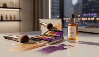 Close-up of bold pigmented eyeshadow palettes and a glow-boosting tanning bottle on a vanity with golden side lighting and blurred boutique background