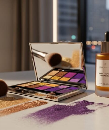 Close-up of bold pigmented eyeshadow palettes and a glow-boosting tanning bottle on a vanity with golden side lighting and blurred boutique background