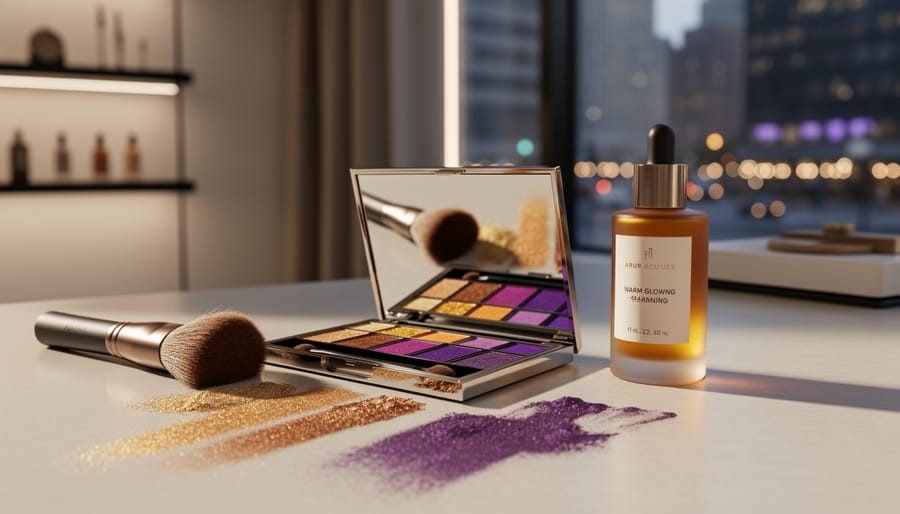 Close-up of bold pigmented eyeshadow palettes and a glow-boosting tanning bottle on a vanity with golden side lighting and blurred boutique background