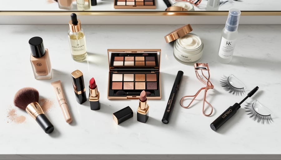 Marble vanity flat lay with makeup products arranged neatly under soft studio lighting