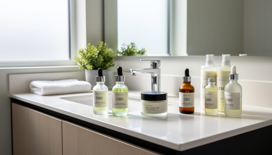Close-up of CBD skincare bottles and cream on a marble vanity with natural light.