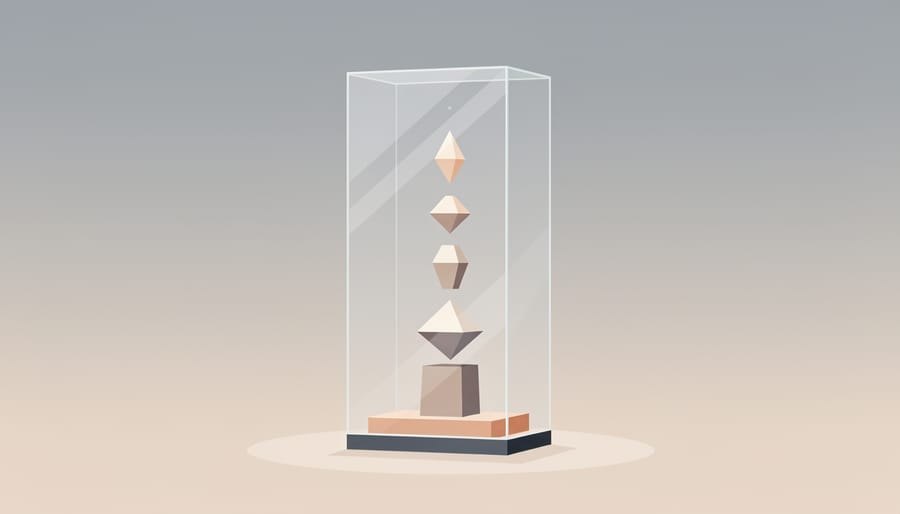 Elegant glass display case with a luxury fragrance bottle and makeup brush on velvet