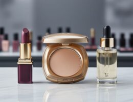 Close-up of luxury skincare and makeup products, including a gold compact and lipstick, arranged on a marble vanity with a softly blurred upscale store background.