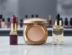 Close-up of luxury skincare and makeup products, including a gold compact and lipstick, arranged on a marble vanity with a softly blurred upscale store background.