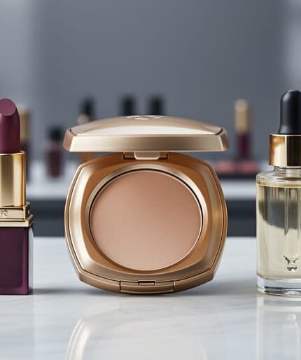 Close-up of luxury skincare and makeup products, including a gold compact and lipstick, arranged on a marble vanity with a softly blurred upscale store background.